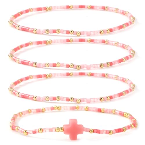 Christian Cross Christmas Stackable Seed Beaded Bracelets for Women, Boho Colorful Healing Stretch Accessories God Christ Pray Faith Amulet Jewelry, Daily Party Holiday Friendship Gift - color: Pink