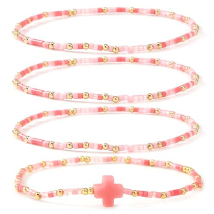 Christian Cross Christmas Stackable Seed Beaded Bracelets for Women, Boho Colorful Healing Stretch Accessories God Christ Pray Faith Amulet Jewelry, Daily Party Holiday Friendship Gift - color: Pink