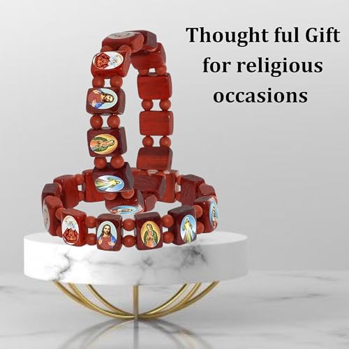 Catholica Shop Devotional Catholic Religious Wood Stretch Bracelets. Small and Large Panels with Assorted Images of Saints, Jesus and Mary. Unisex. Handcrafted in Brazil - style: Small Panel Red Tone