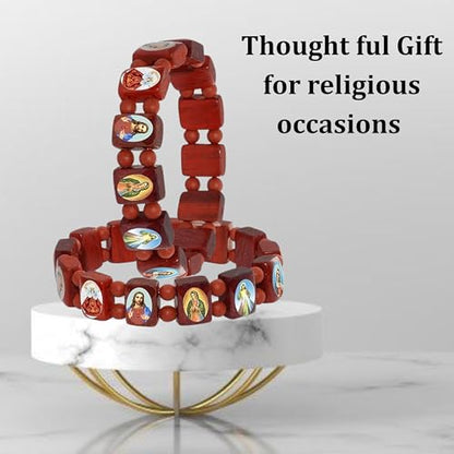 Catholica Shop Devotional Catholic Religious Wood Stretch Bracelets. Small and Large Panels with Assorted Images of Saints, Jesus and Mary. Unisex. Handcrafted in Brazil - style: Small Panel Red Tone