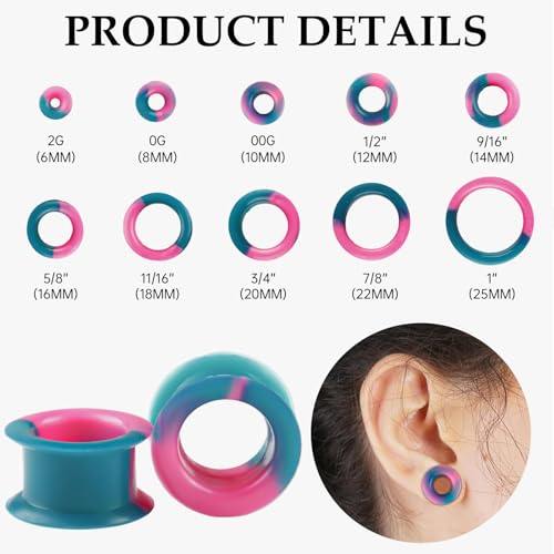 20Pcs Silicone Ear Gauges 2G-25mm Flexible Ear Tunnels Gauges Soft Expander Stretching Ear Plugs Tunnels Black Earring Piercings Jewelry for Men Women - color: Thick Pearl Blue Powder Silicone