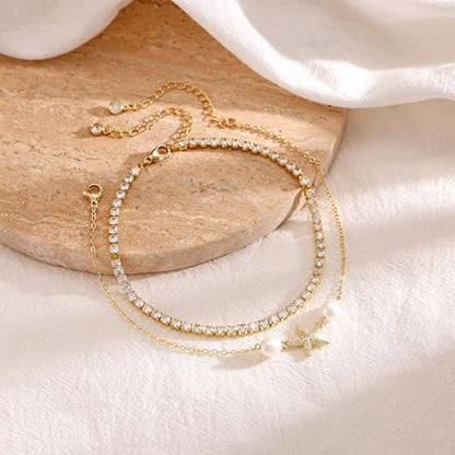 Robaice Anklets for Women, 14K Gold Plated Layered Ankle Bracelets | Waterproof Figaro Link Pearl Anklet, Ankle Bracelets for Women Stackable, Summer Beach Jewelry Gifts Non Tarnish - style: Gold CZ Starfish Anklet