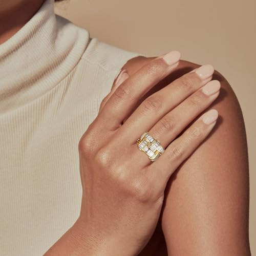 HZMAN 14K Gold Plated Open Ring for Women Brass Crystal Non Adjustable Statement Ring Collection - color: Clear Baguette Crystal