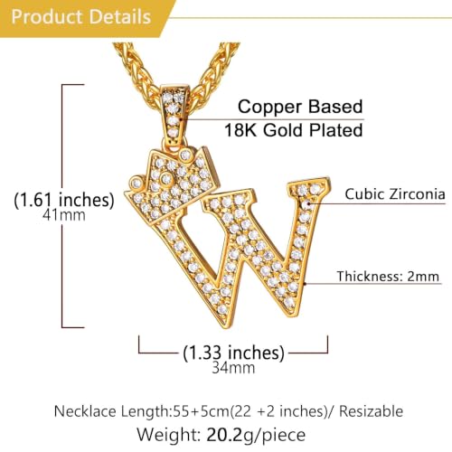 U7 Crown Initial Necklace Men Women, Bling Diamond A-Z 0-9 Letter Pendant with Wheat Chain, Silver/Black/Gold Plated CZ Alphabet Number Hip Hop Jersery for Father Husband - color: a. Gold, size: 23. W
