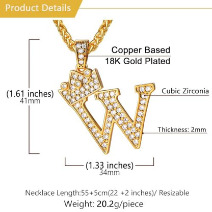 U7 Crown Initial Necklace Men Women, Bling Diamond A-Z 0-9 Letter Pendant with Wheat Chain, Silver/Black/Gold Plated CZ Alphabet Number Hip Hop Jersery for Father Husband - color: a. Gold, size: 23. W