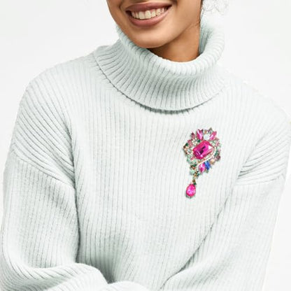 YOQUCOL Retro Austrian Crystal Big Brooch Pin for Women Large Flower Shape Brooches Lapel Pins for Sweater,Coat Dress Accessories - color: B-RoseRed