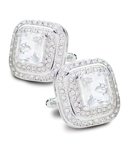 Square Colored Crystal Double Diamond Set Cufflinks - color: Clear/Silver