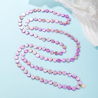 Firstmeet Flat Round Coin Shell Beads Long Knotted Necklace Natural Mother of Pearl Handmade Jewelry For Women - color: S-Purple AB