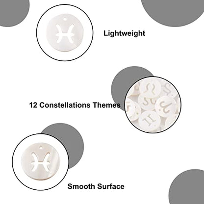 Craftdady 24Pcs Freshwater Shell Charms 12mm Flat Round 12 Constellations Bead Charms Shell Zodiac Sign Cabochons for Bracelets Necklaces Earrings Jewelry Crafts Making - color: Hollow 12 Constellations