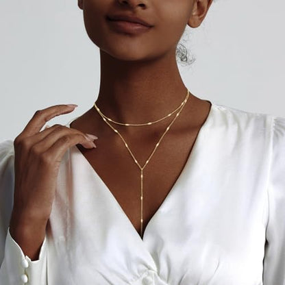 Luxval Lariat Gold Necklace for Women, Dainty Long Necklace 14k Gold Plated/Silver Y-Shaped Pendant Necklaces Trendy Beaded Chain Drop Necklaces Jewelry for Women Gifts - color: Gold-Y Layered Shinny Necklace