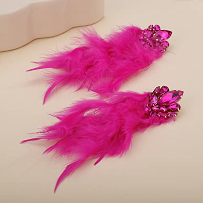 Denifery Long Feather Earrings Bohemian Earrings Multicolor Tassel Handmade Feather Earrings Dangling Earrings for Women (Rose Red) - color: Rose Red