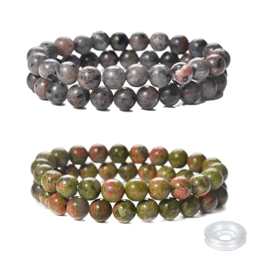Crystal Beaded Bracelets Set, 4 Piece Gemstone Stretch Bracelets, Rose Quartz, Agate,Jasper, Tiger Eye and Multicolor Glass Beads with String - style: Type 8(Flame+Unakite)