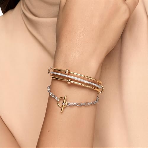 mixed metal Tri-Tone Bangles Bracelet for Women, 3/5 Pcs Stainless Steel Gold Plated Stackable Bracelet Set, Stylish Jewelry Gift - color: Gold zirconium+gold+gold, size: 65