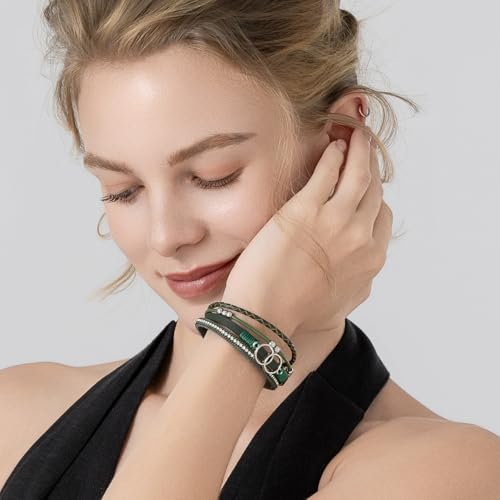 Chunky Boho Leather Wrap Bracelets Cowgirl Beaded Circle Western Jewelry | Stackable Infinity Layered Bohemian Magnetic Clasp Cuff Statement Fashion Colorful Country Hippie Outfits for Women Trendy - color: Olive Green