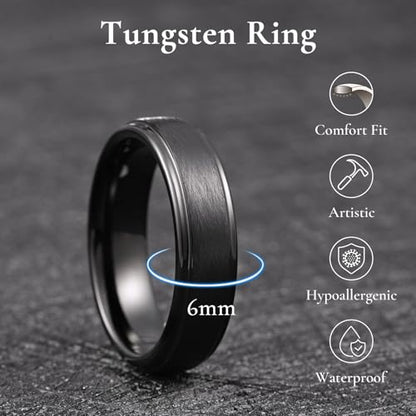 King Will Classic Tungsten Carbide Ring Brushed Two Grooved Center Hammered Design Mens Wedding Band for Men | Black/Silver/Gold, 8mm, Men's Wedding Band, Grooved, Comfort Fit, Everyday Wear - color: C-Black 6mm