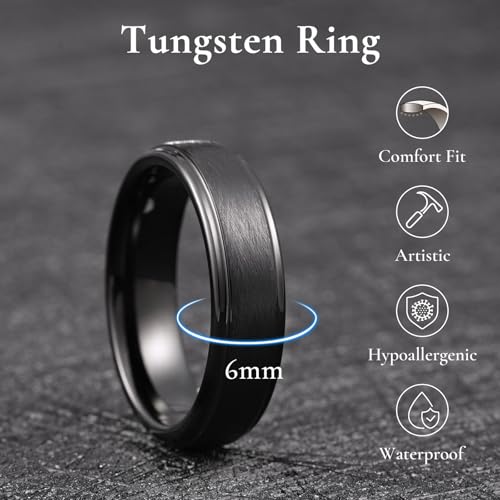 King Will Classic Tungsten Carbide Ring Brushed Two Grooved Center Hammered Design Mens Wedding Band for Men | Black/Silver/Gold, 8mm, Men's Wedding Band, Grooved, Comfort Fit, Everyday Wear - color: C-Black 6mm