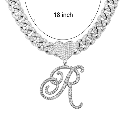 Initial Necklaces Silver Cuban Link Chain for Women Iced Out Chain with Heart Letter Pendants Custom Chain Name Necklace Hip Hop Jewelry Gift - color: R