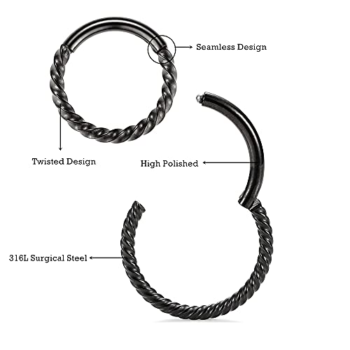 MissNity 316L Surgical Steel Hinged Nose Rings Hoop 20G 18G 16G 14G, Diameter 6mm to 10mm, Color Gold - Rose Gold - Silver - Black - Rainbow - color: C21: Black - 1pc