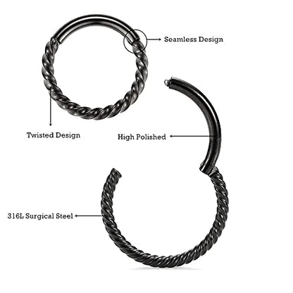 MissNity 316L Surgical Steel Hinged Nose Rings Hoop 20G 18G 16G 14G, Diameter 6mm to 10mm, Color Gold - Rose Gold - Silver - Black - Rainbow - color: C21: Black - 1pc