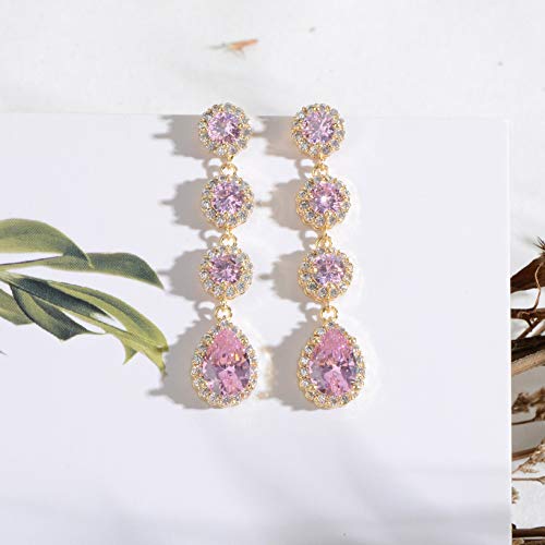 Women's Cubic Zirconia Bridal Earrings - Elegant Long Wedding Party Prom Earring for Bride Bridesmaids Crystal CZ Rhinestone Chandelier Statement Dangle Drop Earrings for girls - color: Pink-gold