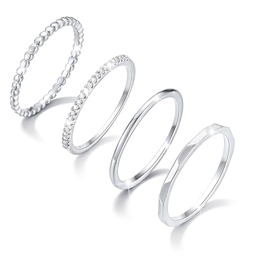 Lunvky Silver Stacking Rings for Women 14K Gold Plated Ring Non Tarnish Thin Trendy Stackable Dainty Cubic Zirconia Finger Pinky Thumb Wedding Band Rings Set Jewelry Gifts Size 5-10 - color: A-Silver, size: 10