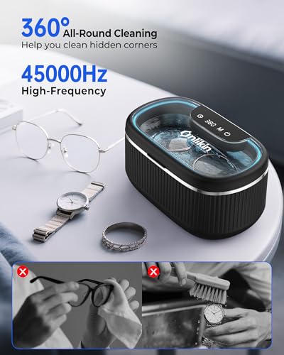 35W Ultrasonic Jewelry Cleaner, 45KHz Retainer Cleaner for Jewelry, 5 Timer & 3 Power Modes, Eyeglasses, Rings, Watch Strap, Dentures - 20oz, 304 Stainless Steel Tank, Quiet <38dB (Black) - color: Black