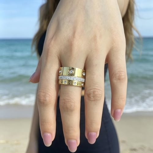 Love Friendship Gold Rings Set for Women 18K Gold Plated Titanium Steel Dainty Cubic Zirconia Rings Fashion Stacking Bands Valentines Day Mother's Day Christmas Day Best Gifts - color: Gold