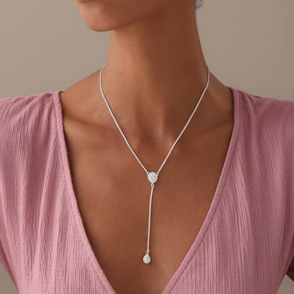 LeCalla 925 Sterling Silver CZ Necklace for Women Jewelry Lightweight Adjustable Lariat Zirconia Choker Y Chain Necklace - color: Oval Zirconia Y Necklace