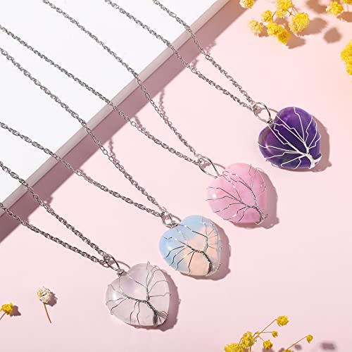 Sureio 4 Pcs Tree Life Healing Crystal Necklace Heart Shape Pendant Rose Quarts Necklace Energy Gemstone Pendant for Woman Valentine Mothers Day