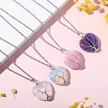 Sureio 4 Pcs Tree Life Healing Crystal Necklace Heart Shape Pendant Rose Quarts Necklace Energy Gemstone Pendant for Woman Valentine Mothers Day