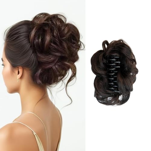 Curly Wavy Messy Bun Hair piece Easy Updo Extensions Claw Clips for Women Girls Dark Brown, Natural Fake Wig Tie Headpiece Chestnut Chocolate - color: Dark Brown
