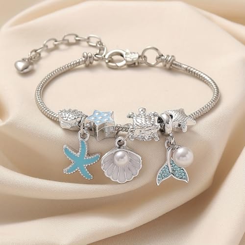 Charm Bracelet Snake Chain Ocean Theme Mermaid Tail Blue Starfish Shell Faux Pearl Turtles Beaded Adjustable Jewelry - color: Silver
