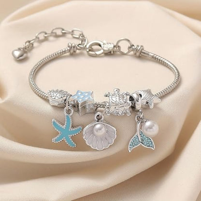 Charm Bracelet Snake Chain Ocean Theme Mermaid Tail Blue Starfish Shell Faux Pearl Turtles Beaded Adjustable Jewelry - color: Silver
