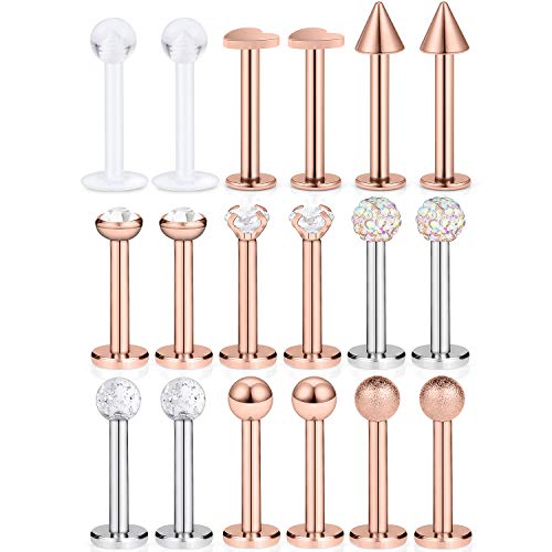 SCERRING 9 Pairs 16g Stainless Steel Clear Cubic Zirconia Labret Monroe Lip Tragus Cartilage Helix Earring Ring Body Piercing Jewelry 8mm - color: 9 Pairs - Rose Gold