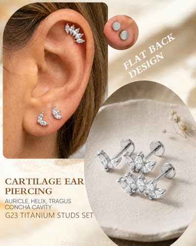 YACHY ASTM F136 G23 Titanium Flat Back Stud Earrings, Internally Threaded Screw-On Hypoallergenic Body Piercing Jewelry for Everyday Wear, Tragus Helix Conch Monroe Medusa Lip, 18G 6mm 8mm - color: Luna Laurel--3pcs+3bar--Silver, size: 6mm+8mm
