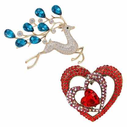 2pcs Rhinestone Brooch Pin for Women Dress Elegant Stylish Crystal Brooches Fashion Accessories Pins Lapel Boutonniere Ideas Wedding Christmas Birthday Jewelry Easter Gift - color: 17 Blue Deer/Red Heart