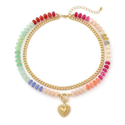 Layered Necklaces for Women Colorful Beaded Necklace with Heart Pendant | Acrylic Choker Chunky Chain Necklace for Women Boho Statement Charm Necklace Double Layered Stacked Jewelry for Summer Beach