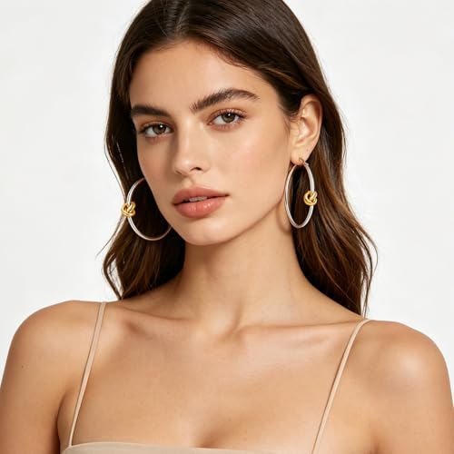 Large Gold Knot Hoop Earrings for Women 18K Gold Hoop Earrings Statement Lightweight Hoops Trendy Gold Hoops Earrings Jewelry - color: B-Big Hoop Earrings-Silver 02