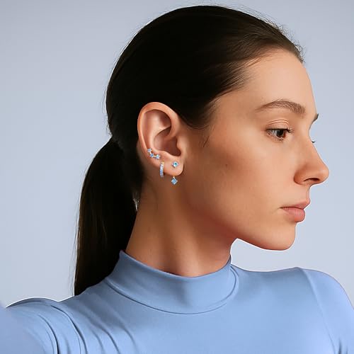3 Pairs Dainty Small Earrings Set for Women Trendy, Birthstone Stud Huggie Hoop Jacket Stack for Cartilage Helix, Gold Plated Hypoallergenic Cute Women Fashion Accessories Western Jewelry Gifts - color: 03Blue Created Aquamarine-Mar (Gold)