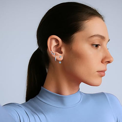3 Pairs Dainty Small Earrings Set for Women Trendy, Birthstone Stud Huggie Hoop Jacket Stack for Cartilage Helix, Gold Plated Hypoallergenic Cute Women Fashion Accessories Western Jewelry Gifts - color: 03Blue Created Aquamarine-Mar (Gold)