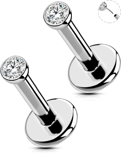 OUFER 2Pcs 20G/18G/16G G23 Titanium Threadless Nose Stud Earrings Flat Back Tiny CZ Small Nose Helix Cartilage Tragus Conch Labret Medusa Monroe Piercing Jewelry for Women Men - color: Silver, size: 2pcs, 16g 6mm, 2mm cz