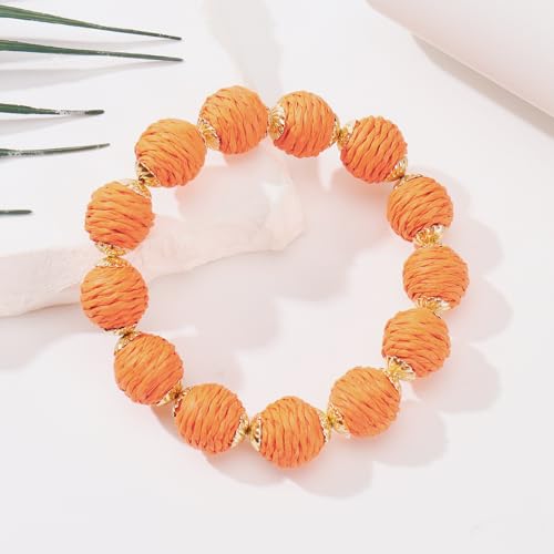 Coiris Rattan Raffia Woven Adjustable Boho Bracelet for Women | Handmade Bracelets Stretch Bracelet - color: Orange