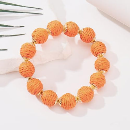 Coiris Rattan Raffia Woven Adjustable Boho Bracelet for Women | Handmade Bracelets Stretch Bracelet - color: Orange