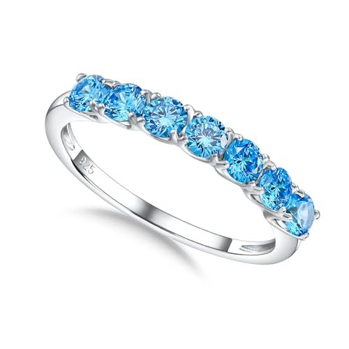 3.5mm Stackable Rings S925 Sterling Silver Created Birthstone & Cubic Zirconia Ring for Women Wedding Bands Anniversary Birthday Jewelry Size 6 to 10(with Box) - color: 12-Created Blue Topaz-Dec