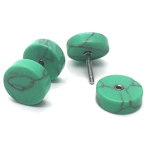 2pcs Marble Stud Earrings Men Women, Steel Cheater Fake Ear Plugs Gauges Illusion Tunnel - color: C-Green Color, size: Wide:10MM