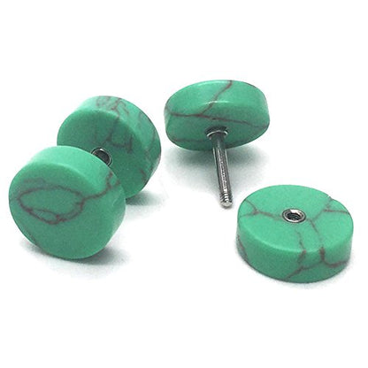 2pcs Marble Stud Earrings Men Women, Steel Cheater Fake Ear Plugs Gauges Illusion Tunnel - color: C-Green Color, size: Wide:10MM
