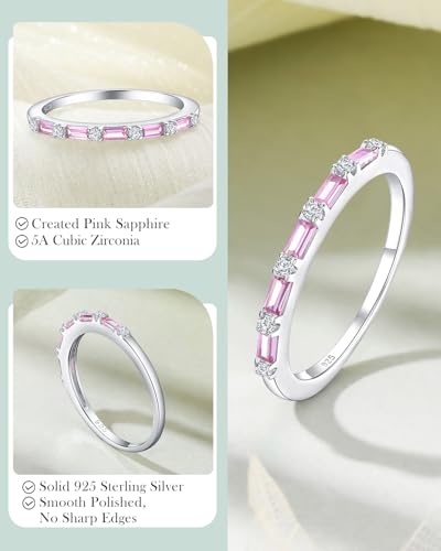 925 Sterling Silver 1.5mm Thin Baguette Stackable Rings for Women | Created Ruby/Sapphire/Emerald/Cubic Zirconia,Dainty Wedding Band Birthday Anniversary Jewelry(with Gift Box) - color: 06-Created Pink Sapphire & CZ