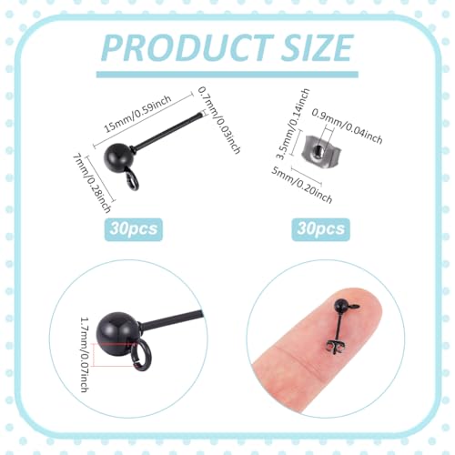 UNICRAFTALE About 30Pcs 304 Stainless Steel Stud Earring Findings Gunmetal Ball Post Stud Earrings with Ear Nuts and Loop Earring Findings Earrings Component for DIY Jewellery Making - color: Gunmetal