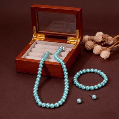 FORUBUS Imitation Pearl Jewelry Set for Women, 8mm Pearl Bead Necklace Earrings and Bracelet 3-Piece Set, 18" Round Faux Pearl Strand for Wedding, Bridal, Prom - color: Blue