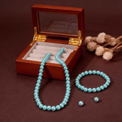 FORUBUS Imitation Pearl Jewelry Set for Women, 8mm Pearl Bead Necklace Earrings and Bracelet 3-Piece Set, 18" Round Faux Pearl Strand for Wedding, Bridal, Prom - color: Blue